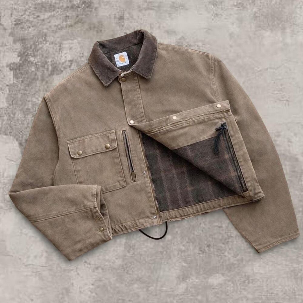 Carhartt Tan Detroit Trucker Jacket Union Duck Canvas Pearl Snap Small Lined Bla
